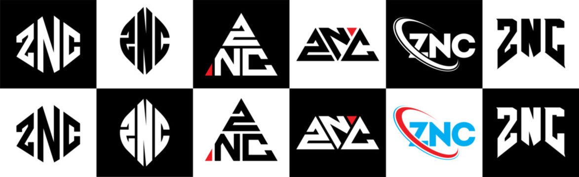 ZNC letter logo design in six style. ZNC polygon, circle, triangle, hexagon, flat and simple style with black and white color variation letter logo set in one artboard. ZNC minimalist and classic logo