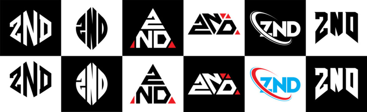 ZND letter logo design in six style. ZND polygon, circle, triangle, hexagon, flat and simple style with black and white color variation letter logo set in one artboard. ZND minimalist and classic logo