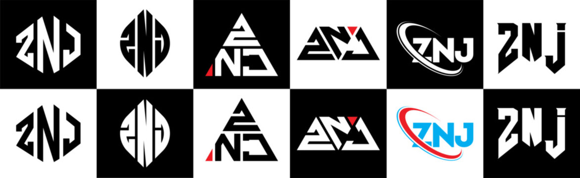 ZNJ letter logo design in six style. ZNJ polygon, circle, triangle, hexagon, flat and simple style with black and white color variation letter logo set in one artboard. ZNJ minimalist and classic logo