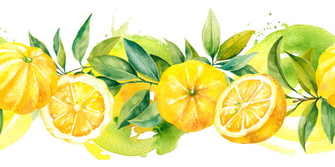 Yuzu whole and half bright juicy fruit with green leaves hand drawn watercolor seamless border