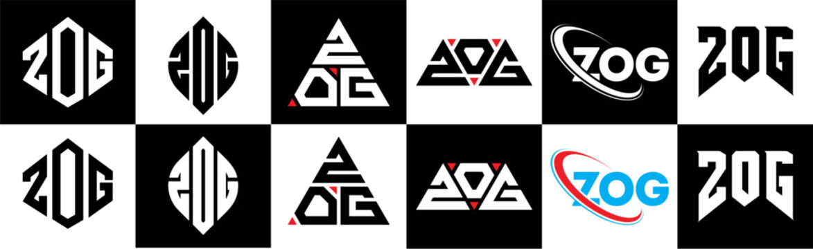 ZOG letter logo design in six style. ZOG polygon, circle, triangle, hexagon, flat and simple style with black and white color variation letter logo set in one artboard. ZOG minimalist and classic logo