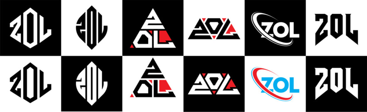 ZOL letter logo design in six style. ZOL polygon, circle, triangle, hexagon, flat and simple style with black and white color variation letter logo set in one artboard. ZOL minimalist and classic logo
