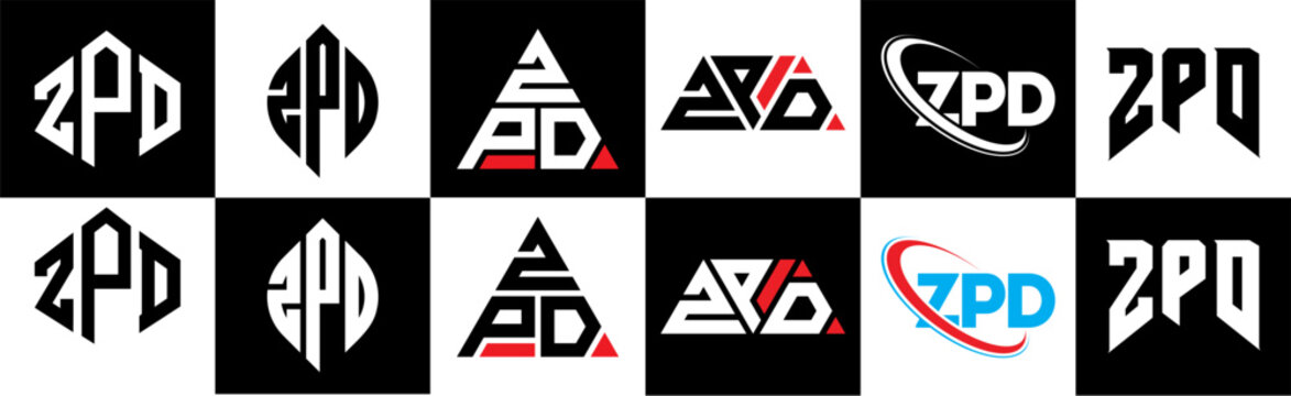 ZPD letter logo design in six style. ZPD polygon, circle, triangle, hexagon, flat and simple style with black and white color variation letter logo set in one artboard. ZPD minimalist and classic logo