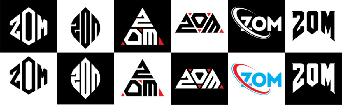 ZOM letter logo design in six style. ZOM polygon, circle, triangle, hexagon, flat and simple style with black and white color variation letter logo set in one artboard. ZOM minimalist and classic logo