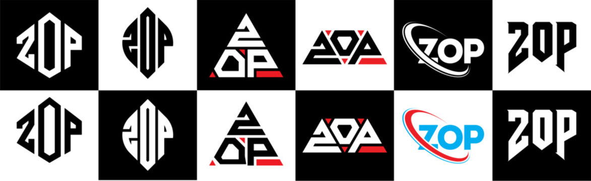 ZOP letter logo design in six style. ZOP polygon, circle, triangle, hexagon, flat and simple style with black and white color variation letter logo set in one artboard. ZOP minimalist and classic logo