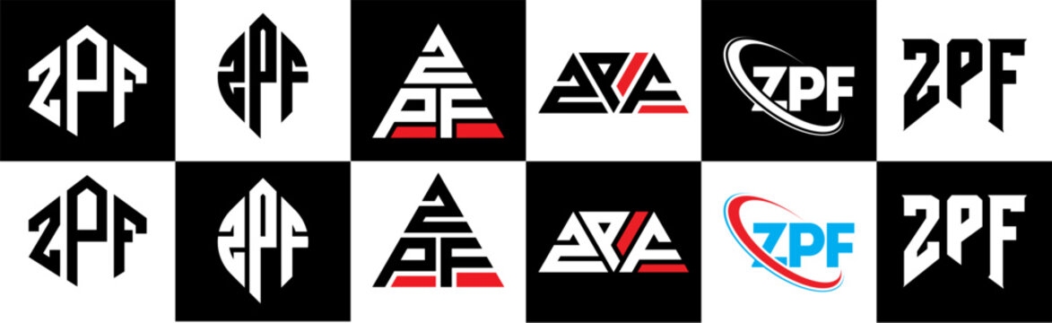 ZPF letter logo design in six style. ZPF polygon, circle, triangle, hexagon, flat and simple style with black and white color variation letter logo set in one artboard. ZPF minimalist and classic logo