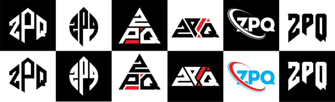 ZPQ letter logo design in six style. ZPQ polygon, circle, triangle, hexagon, flat and simple style with black and white color variation letter logo set in one artboard. ZPQ minimalist and classic logo