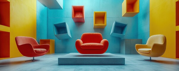 Broken Modern Chair in Empty Studio Background, 3D Rendering for Minimalist Interior Design Art Installation Concept