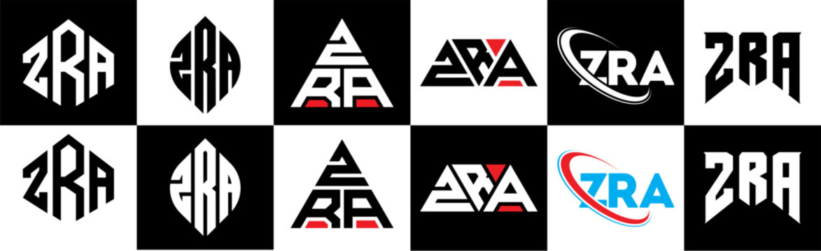 ZRA letter logo design in six style. ZRA polygon, circle, triangle, hexagon, flat and simple style with black and white color variation letter logo set in one artboard. ZRA minimalist and classic logo