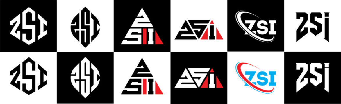 ZSI letter logo design in six style. ZSI polygon, circle, triangle, hexagon, flat and simple style with black and white color variation letter logo set in one artboard. ZSI minimalist and classic logo