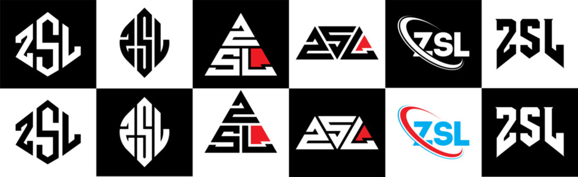 ZSL letter logo design in six style. ZSL polygon, circle, triangle, hexagon, flat and simple style with black and white color variation letter logo set in one artboard. ZSL minimalist and classic logo