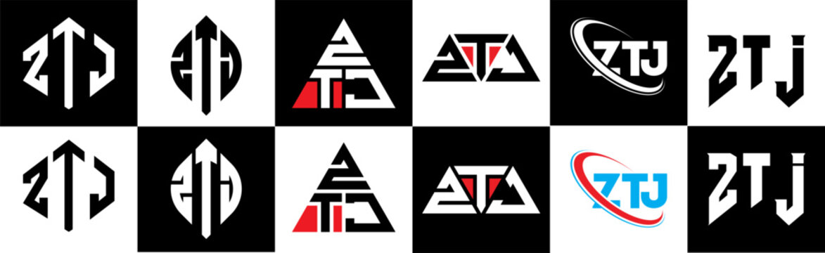 ZTJ letter logo design in six style. ZTJ polygon, circle, triangle, hexagon, flat and simple style with black and white color variation letter logo set in one artboard. ZTJ minimalist and classic logo