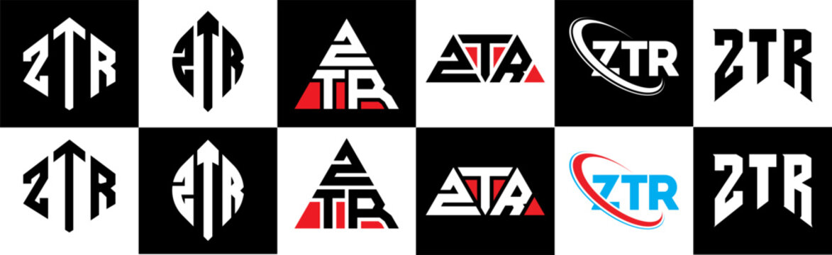 ZTR letter logo design in six style. ZTR polygon, circle, triangle, hexagon, flat and simple style with black and white color variation letter logo set in one artboard. ZTR minimalist and classic logo