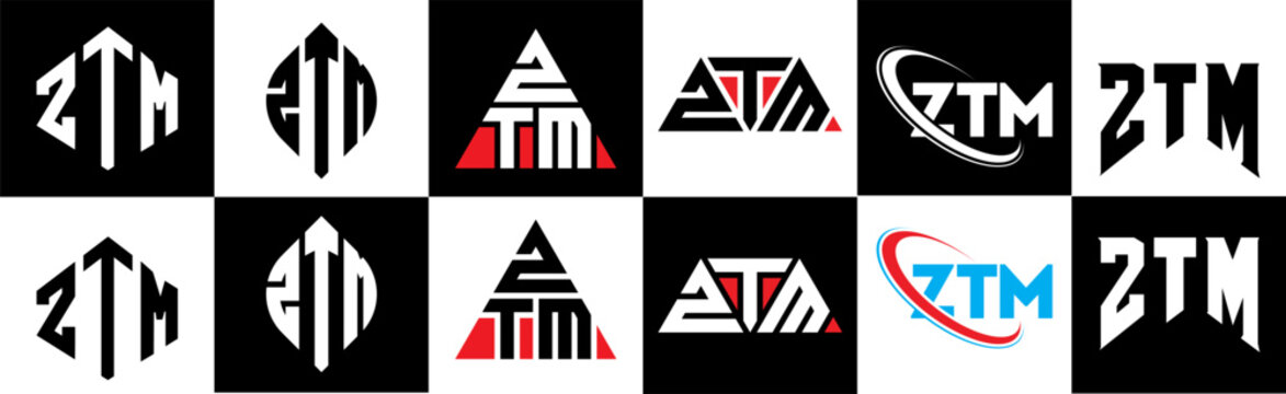 ZTM letter logo design in six style. ZTM polygon, circle, triangle, hexagon, flat and simple style with black and white color variation letter logo set in one artboard. ZTM minimalist and classic logo