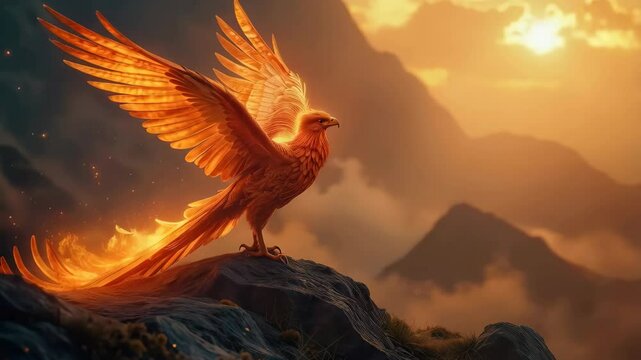Mythical phoenix perched on a rocky cliff with fiery wings at sunset in a magical landscape.