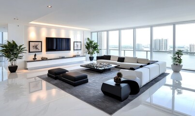 Modern luxury living room with city views.  Spacious, contemporary interior design with clean lines, and large windows showcasing an urban panorama.  