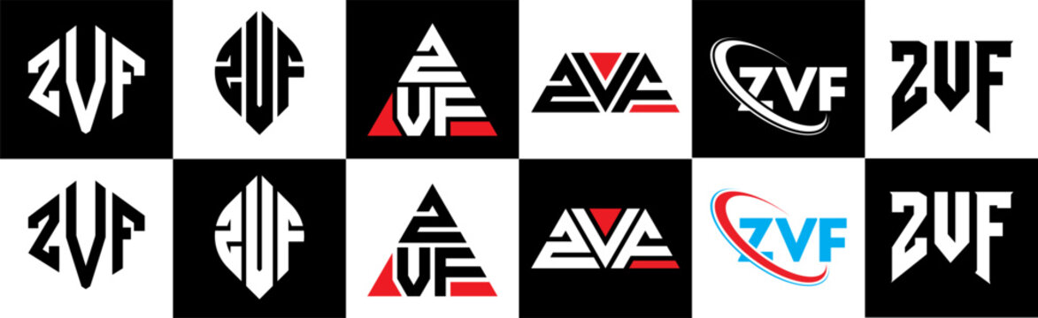 ZVF letter logo design in six style. ZVF polygon, circle, triangle, hexagon, flat and simple style with black and white color variation letter logo set in one artboard. ZVF minimalist and classic logo