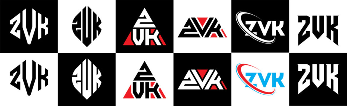 ZVK letter logo design in six style. ZVK polygon, circle, triangle, hexagon, flat and simple style with black and white color variation letter logo set in one artboard. ZVK minimalist and classic logo