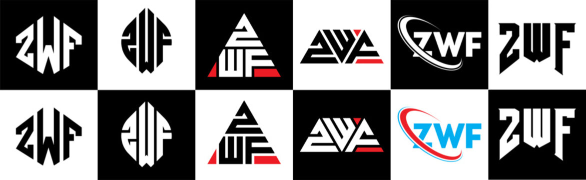 ZWF letter logo design in six style. ZWF polygon, circle, triangle, hexagon, flat and simple style with black and white color variation letter logo set in one artboard. ZWF minimalist and classic logo