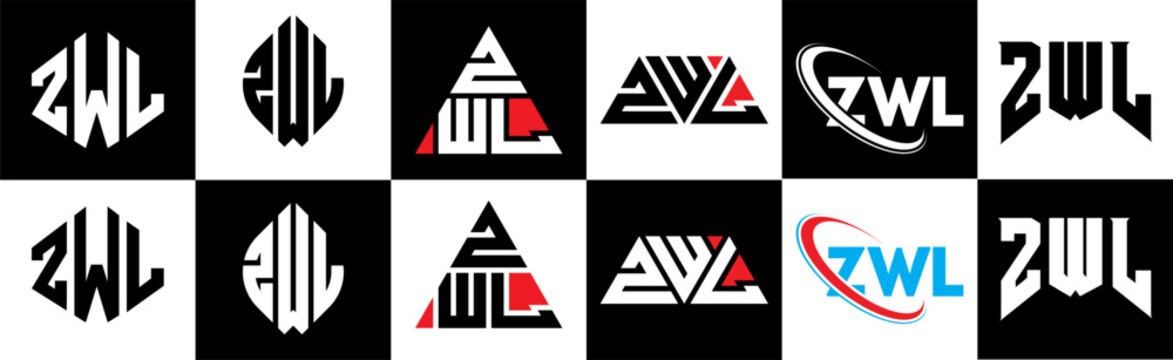 ZWL letter logo design in six style. ZWL polygon, circle, triangle, hexagon, flat and simple style with black and white color variation letter logo set in one artboard. ZWL minimalist and classic logo