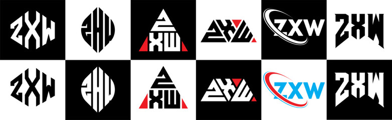 ZXW letter logo design in six style. ZXW polygon, circle, triangle, hexagon, flat and simple style with black and white color variation letter logo set in one artboard. ZXW minimalist and classic logo