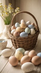 Easter Basket with Colorful Eggs and Spring Flowers