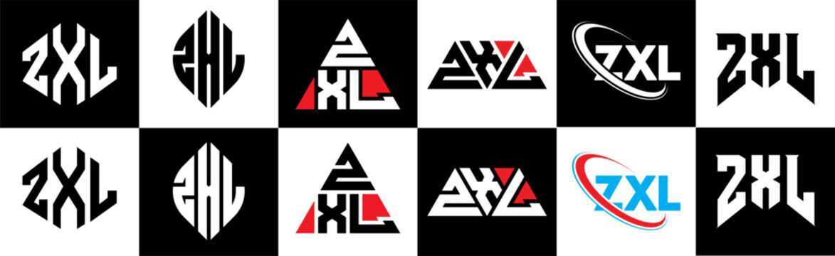 ZXL letter logo design in six style. ZXL polygon, circle, triangle, hexagon, flat and simple style with black and white color variation letter logo set in one artboard. ZXL minimalist and classic logo
