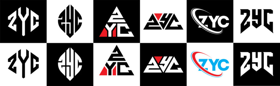 ZYC letter logo design in six style. ZYC polygon, circle, triangle, hexagon, flat and simple style with black and white color variation letter logo set in one artboard. ZYC minimalist and classic logo