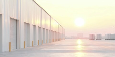Obraz premium Industrial warehouse silhouette at sunset, warm light accentuating its form, representing innovation and future possibilities.