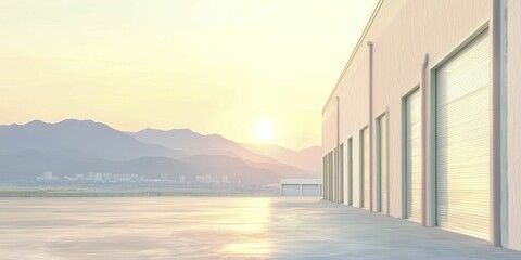 An industrial warehouse silhouette at sunset, with warm light illuminating its structure, symbolizing productivity and potential.