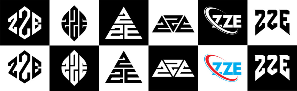 ZZE letter logo design in six style. ZZE polygon, circle, triangle, hexagon, flat and simple style with black and white color variation letter logo set in one artboard. ZZE minimalist and classic logo