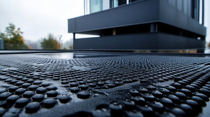 Naklejka premium Rainwater collects on a textured rubber grid covering a modern terrace, showcasing the practical design of outdoor materials
