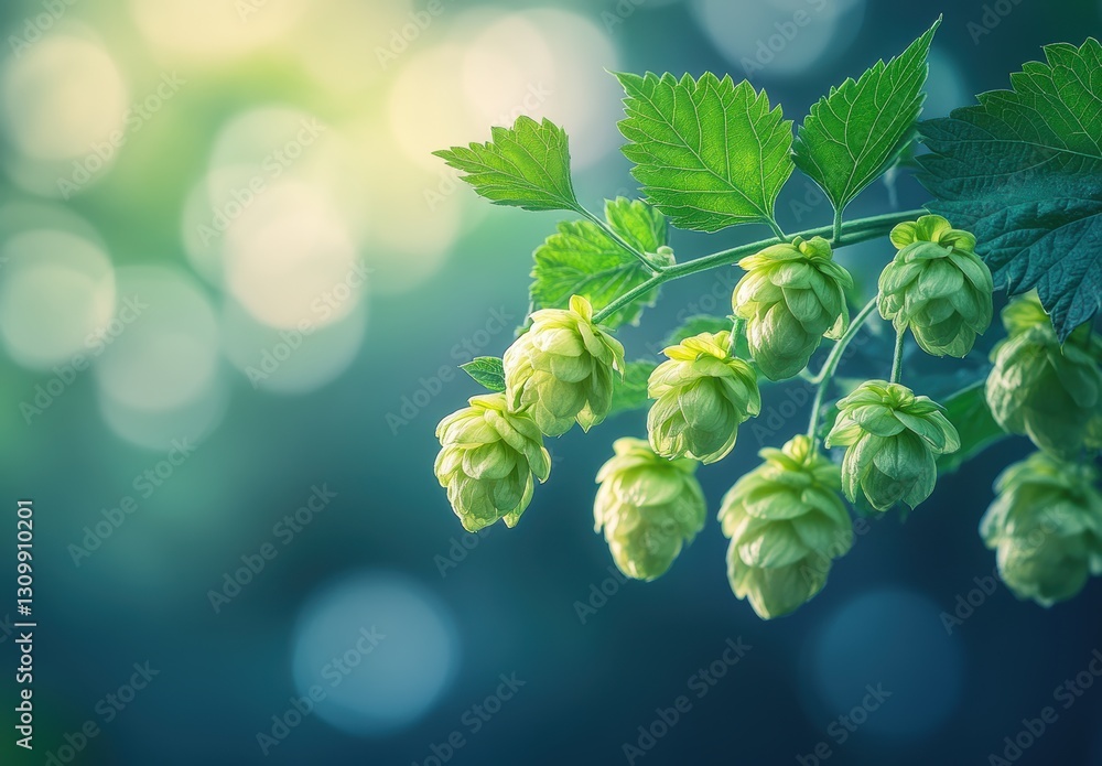 Aufkleber fresh hop cones growing on a vine with green leaves shining against a soft bokeh background in a nat