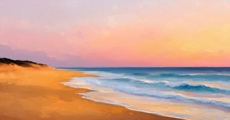 Serene Beach Landscape at Sunset with Gentle Waves and Soft Sand