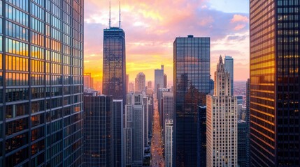 Sunset Over City Skyline with Tall Buildings and Vibrant Colors