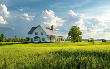 Obraz premium Modern Farmhouse Surrounded By Fresh Green Fields