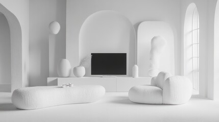 Fototapeta premium Modern white living room, minimalist decor, arched windows, sunlight