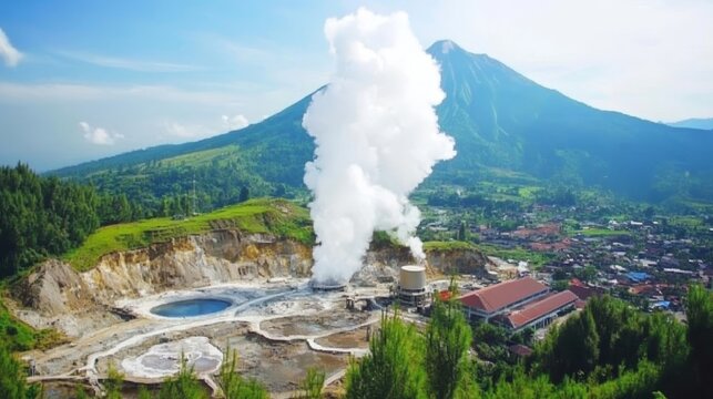 Steam Rises from Power Plant Amidst Lush Green Hills and Volcanic Mountain