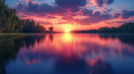 Sunset paints lake, trees, sky vibrant hues.