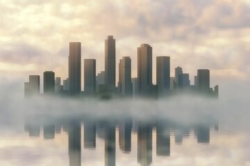Fototapeta premium Minimalist semi-silhouette of a city skyline mirrored in a serene lake, conveying harmony and peacefulness.