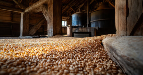 Obraz premium Wheat grains are scattered across the wooden floor of a rustic mill, highlighting the milling process and traditional craftsmanship in action