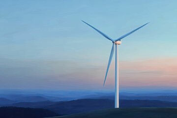 Semi silhouette of a wind turbine standing tall in a field at dusk, representing sustainable energy's promise.