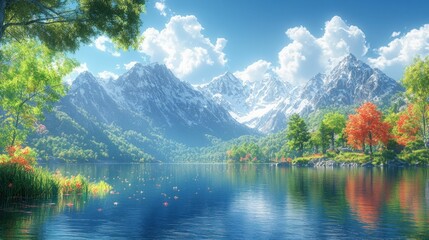 Fototapeta premium Serene mountain lake reflects autumn colors.