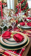 Elegant holiday dining table with festive decorations and red candlelight.