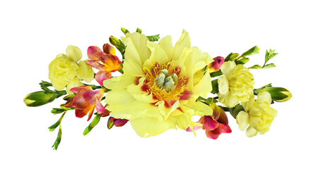 Floral composition with yellow peony, dianthus and freesia flowers isolated on white or transparent...