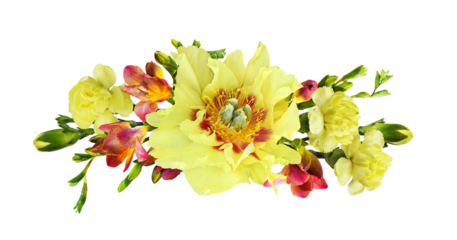 Floral composition with yellow peony, dianthus and freesia flowers isolated on white or transparent background