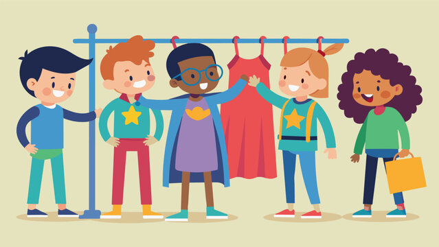 A group of children gathered around a clothing rack taking turns trying on various superhero costumes and pretending to save the world.. Vector illustration