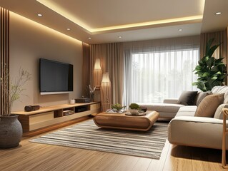 A modern and warm living room interior with furniture and decor