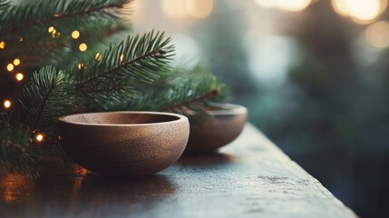 Wooden Bowls Sit Alongside Evergreen Branches and Decorative Lights