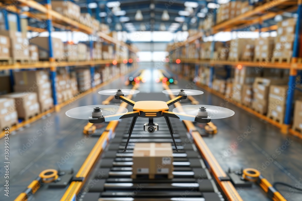 Poster quadcopter drone flying above automated conveyor belt in smart warehouse processing package distribu
